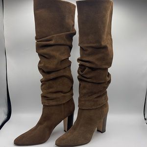 Manolo Blahnik Suede Medium Brown Slouchy Boot, knee high, 3-3/4 in heel.